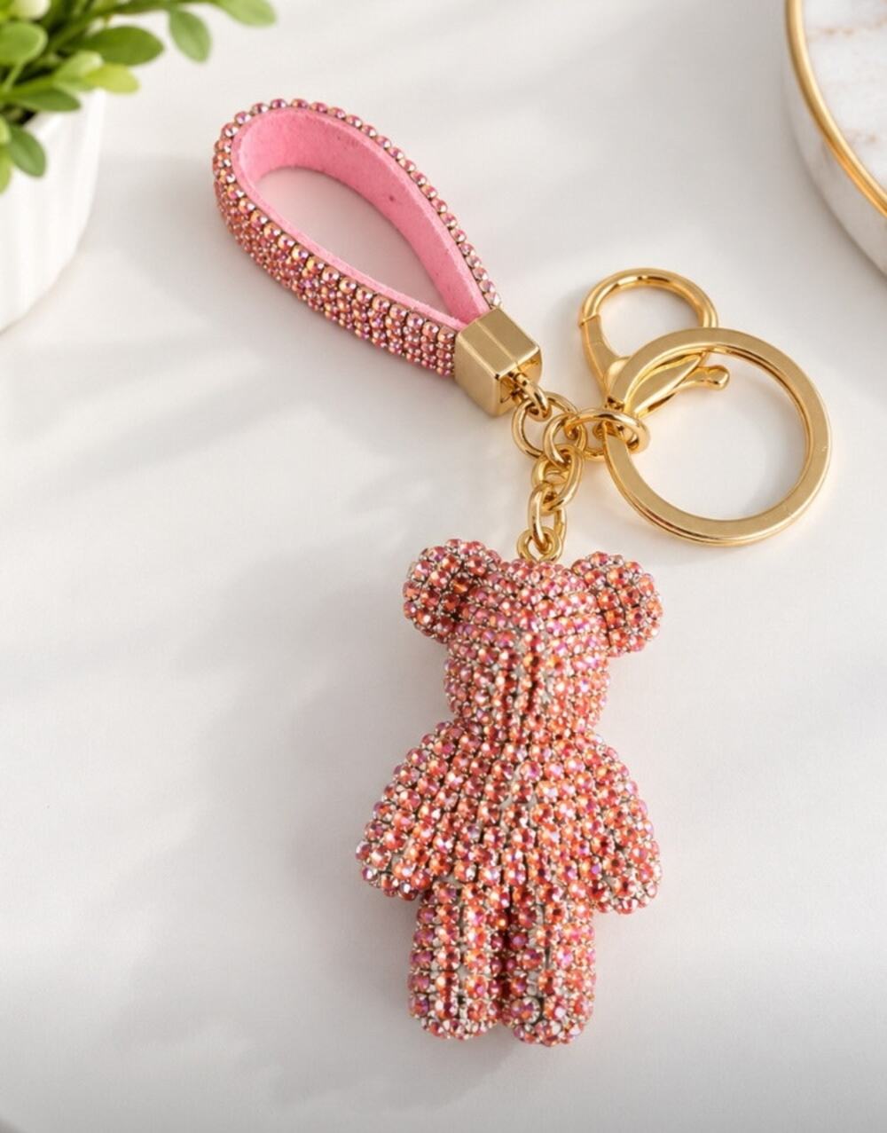 Teddy Bear Pink Rhinestone Bag Charm Key Chain New